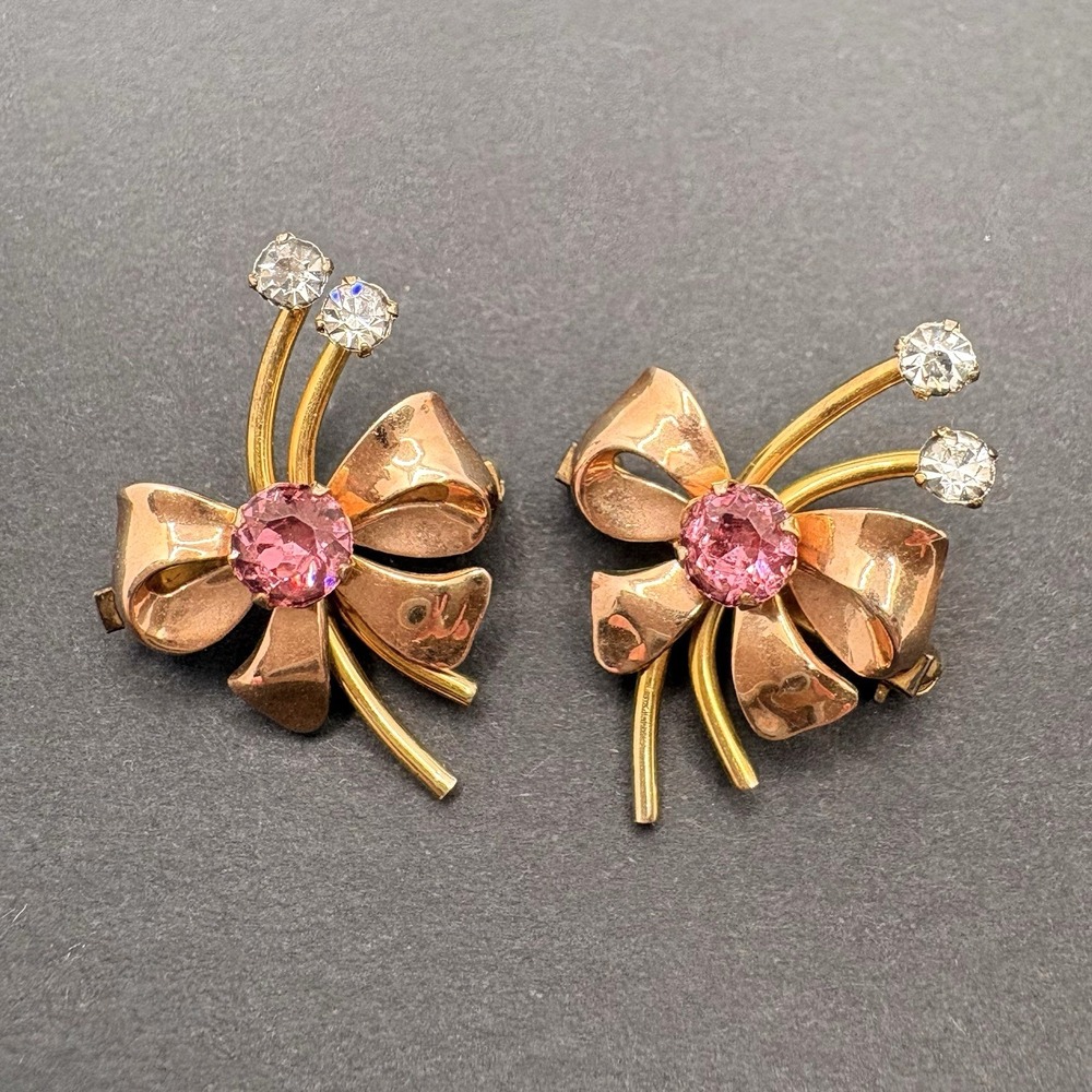Vintage Van Dell Pink Bow Floral Rhinestone Brooch 1/20 12K GF Gold Tone Set 2